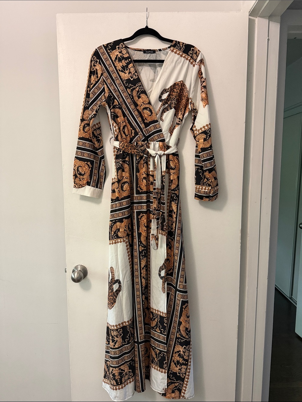 Boohoo Black and Gold Baroque Wrap Maxi Dress